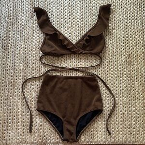 brown and gold micro polka dot swimsuit